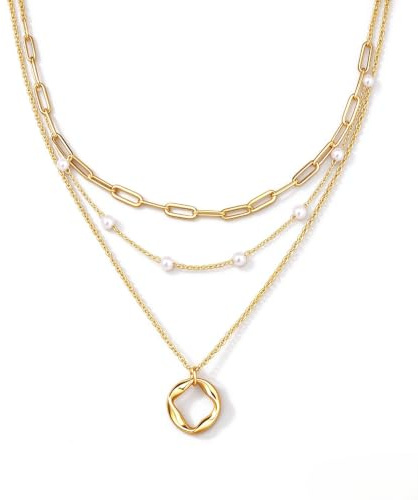 3 Piezas Collar Oro Mujer, Collar Layered Mujer Oro 14K Bañado Acero Inoxidable, Chokers Collares con Perlas, Colgantes Circulares Moda Collar Oro Ajustable, Joyas Regalos