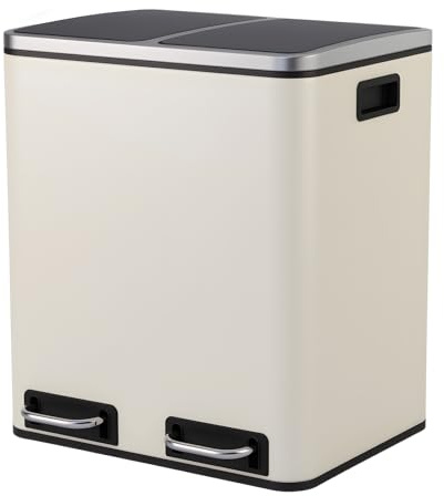Panana 30L Dual Trash Can Kitchen Waste Rubbish Garbage, Dual Step Garbage Can & Recycle Bin with 2 Removable Inner Buckets (Beige, 30L)