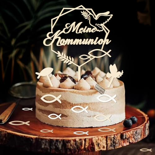 Tortendeko Kommunion, mit Cake Topper Kommunion Holz & 36 Stück Holz Fische Streudeko Tischdeko & Fisch Taube Kuchen Deko, Erstkommunion Deko Junge Mädchen Geschenke Gastgeschenke, Kommunionsgeschenke