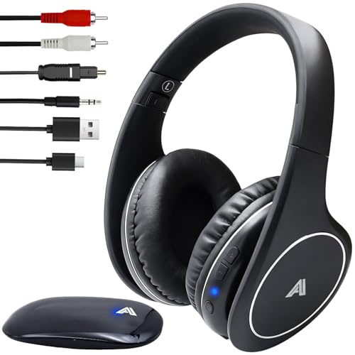 Ansee Auriculares inalámbricos de TV para personas mayores y personas con discapacidad auditiva, plegables con transmisor RF de 2.4 GHz, compatible con RCA AUX óptico, sin retraso de audio, alcance