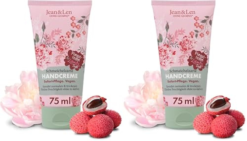 Jean & Len Handcreme Pfingstrose & Litschi, spendet normalen & trockenen Händen Feuchtigkeit, mit Provitamin B5, Shea- und Kakaobutter, vegane Handpflege, ohne Parabene & Silikone, 75 ml