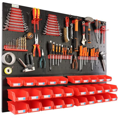 botle® Werkzeugwand Lochwand aus Metall, Stapelboxen + Wandregal + Werkzeughalter 57-tlg Set, Kleinteilelager, Wandwerkstatt mit 30 stapelbaren Rot Behältern, Hängeregal Sortierregal