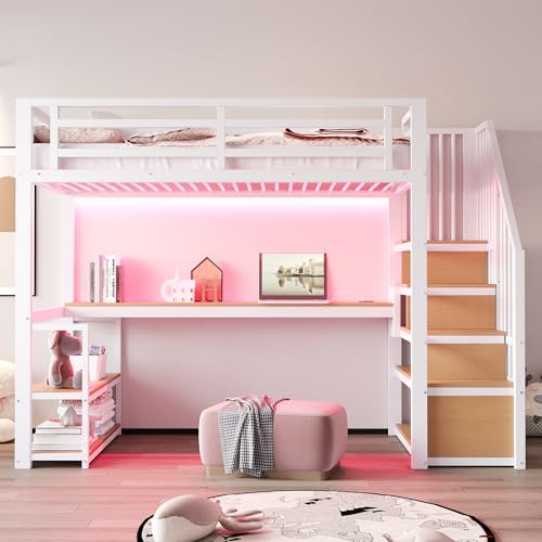 Letto a soppalco in metallo90*200con striscia LED e presa, scaletta contenitore,ripiani e tavolo,recinzione di sicurezza,letto con struttura in ferro alta e telaio in metallo per un supporto stabile
