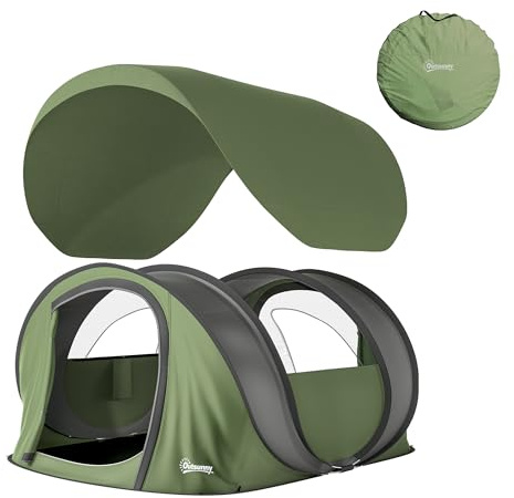 Outsunny Tenda da Campeggio Pop Up 4 Persone, Tenda Familiare con 2 Porte, 2 Finestre e Impermeabile 3000mm, Portatile con Borsa, per Pesca, Escursionismo e Festival, Verde