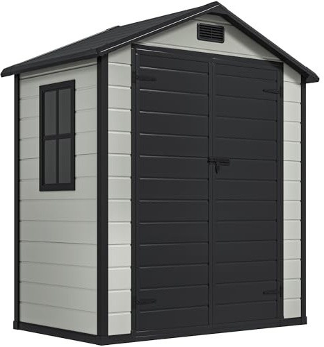 DWVO Resin Gerätehaus 6x4 Fuß (ca. 182x103x220 cm) mit Boden, abschließbarer Tür, Fenster & Belüftung, wasserdichter Gartenschuppen für Werkzeuge, Fahrräder, Rasenmäher –Schwarz