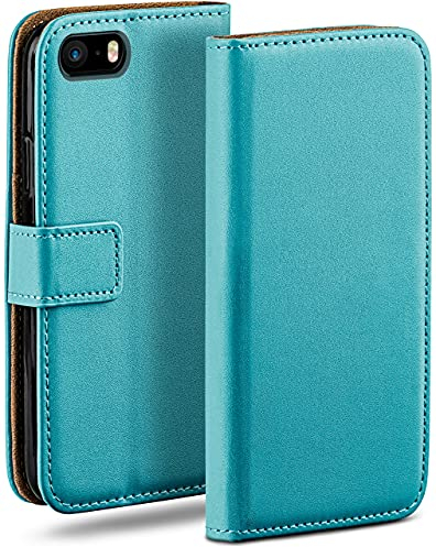 moex Flip Case for iPhone 5s / 5 / SE (2016), Mobile Phone Case with Card Slot, 360-Degree Flip Case, Book Cover, Vegan Leather, Aqua-Cyan
