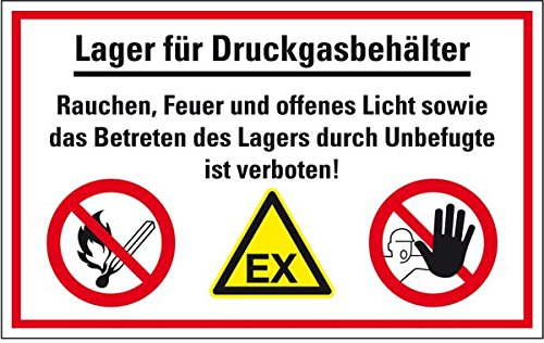 LEMAX® Hinweisschild Lager für Druckgasbehälter...! mit 3 Piktos, Kunststoff, 300x200mm