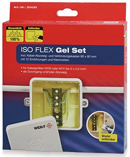 Heidemann ISO Flex Gel-Set (für Kabelgrößen NYM oder NYY bis 5 x 4,0 mm², wasserdicht, entfernbar, bestehend aus Gel, Kabelabzweigkasten, Klemmstein) 30430