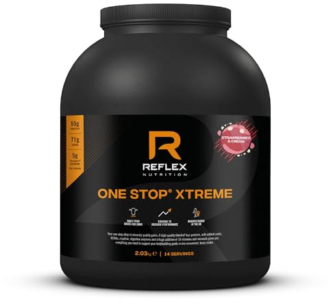 Reflex Nutrition One Stop® Xtreme - Serious Mass Gainer - All in One Protein Powder - 55g Protein, 10.3g BCAAs, 5,000mg Creatine - Muscle Building Protein Shake (Strawberries & Cream, 2.03kg)