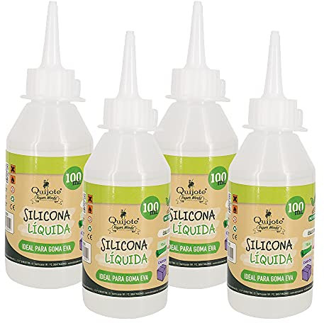 SILICONA LÍQUIDA QUIJOTE PAPER WORLD - Transparente para goma eva, papel, cartón, cuero, tela y madera. Ideal para manualidades. Uso escolar y de oficina - PACK 4-100ml