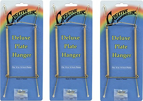 Creative Hobbies Deluxe Plate Display Hangers, Spring Style - Assembled & Ready to Use - Hold 10 to 14 Inch Plates- Gold Wire Spring Type, Hanger Hooks & Nails Included - Pack of 3 Hangers