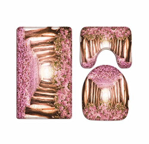 A.Monamour Badezimmer Badematte 3 Teilig Set Frühlingssaison Rosa Kirschblüten Bäume Gefallenen Blumen Tief Langen Weg Straße Teppich Flanell Saugfähig Badteppiche Badvorleger Badgarnitur WC Vorleger