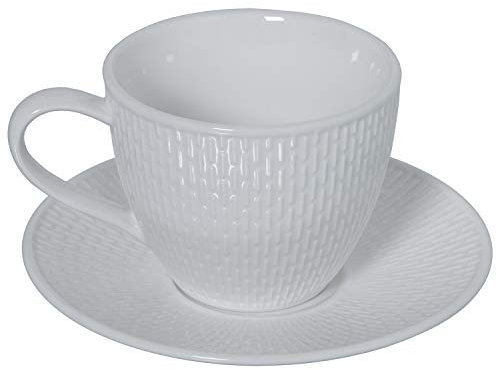 DRW Set de 6 Tazas de té con Plato de Porcelana y con Caja de Regalo en Blanco Taza 10,5x8cm Plato 6,5cm