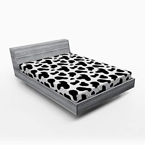 ABAKUHAUS Kuh-Druck Spannbetttuch, Kuhfell Schwarz Spots, Soft Dekorativer Stoff Bettwäsche Rund-um Elastischer Gummizug, 160 x 200 cm, Weiß Dunkelgrau