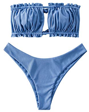 ZAFUL Damen Bikini Set, schulterfrei Bandeau mit Kordelzug & Rüschen High Cut Einfarbig Bademode (A-Seidenblau,M)