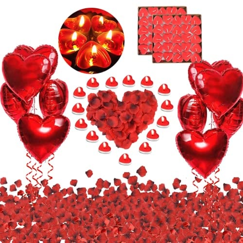 Yuragim Romantisch Deko Set, Romantische Kerzen Set Hochzeit Dekoration Set 1000 Rosenblätter Rosen, 50 Rot Teelichter, 10 Rot Folienballon für Muttertag Verlobung Geburtstag Jahrestag Valentinstag
