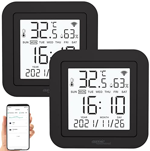 Luminea Home Control Tischuhren: 2er-Set lernfähige IR-Fernbedienungen, Temperatur/Luftfeuchte, App (Alexa-Fernbedienung, IR Alexa, Infrarotheizung)