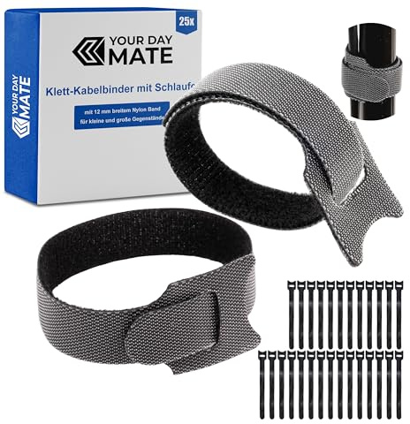 Klett-Kabelbinder mit Schlaufe, 25 Stück, 20 cm Länge, in Schwarz, Kabelklett aus Nylon, Schlaufenklettband, wiederverschließbare Kabelorganisation, Kabelbinder Klett Verschluss, Klemme Kabel Band