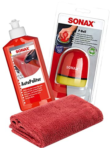 DetailMate SONAX Handpolitur Set: für Bunt- und Metallic-Lacke 250ml + Ergonomischer P-Ball aus Mikrofaser ohne Kanten 550g/m² rot