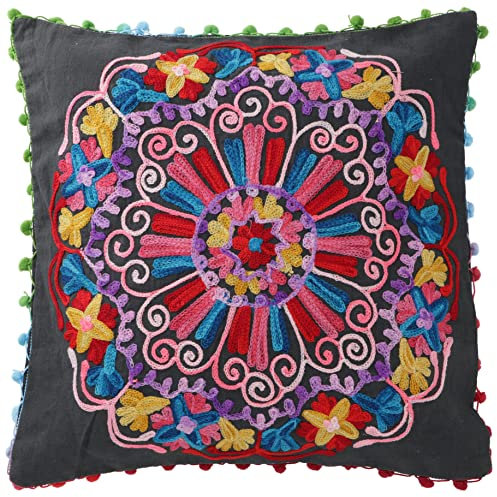 GURU SHOP Boho Kissenhülle, Farbenfrohes Besticktes Folklore Kissen im Mexikanischem Style - Schwarz/pink, Baumwolle, 40x40x0,5 cm, Zierkissen, Dekokissen, Sofakissen