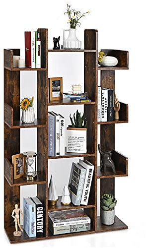 GYMAX Libreria ad Albero Versatile, 13 Mensole da Portaoggetti, Carico 90 kg, Portalibri in Legno Robusto, Design Antiribaltamento e Antiscivolo, Stile Industriale, Marrone, 86 x 23,5 x 140,5 cm