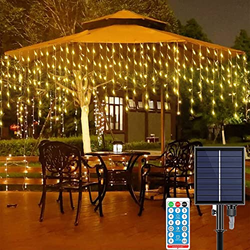 SUAVER Solar Eisregen Lichterkette Außen LED Lichtervorhang Weihnachtsbeleuchtung mit Fernbedienung,Timer,Dimmbar,8 Modi Eiszapfen Deko Leuchte für Balkon Weihnachten (6m 264led Warm)