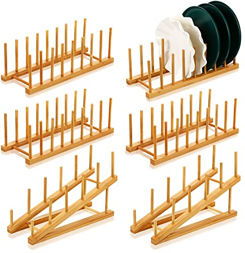 Queekay 6 Stück Bambus-Abtropfgestell aus Holz, Teller, Organizer für Schrank, Topfdeckel, Halter für Küche, Tassen, Flaschen, Schneidebrett, Holz-Display-Ständer, 32,8 x 11,8 x 11,4 x 19,1 cm