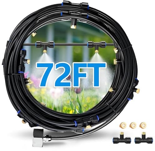 Keten Nebelkühlsystem, 18 m + extra 4 m Nebelschnur, Nebelsystem für Außenbereich, Terrasse, Garten, Gewächshaus, Weide mit 18 T-Gelenken + 18 Nebeldüsen + 1,9 cm Messing-Adapter
