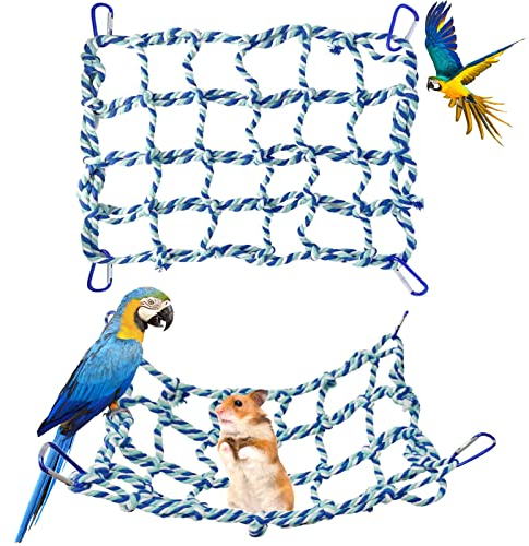 Small Animal Hammock Rat Toys Parrot Bird Toys Woven Climbing Net with 4 Hooks Rat Cage Accessories Rope Ladder Ferret Toys Rat Hammock For Cage Budgie Toys and Accessories (Blue)