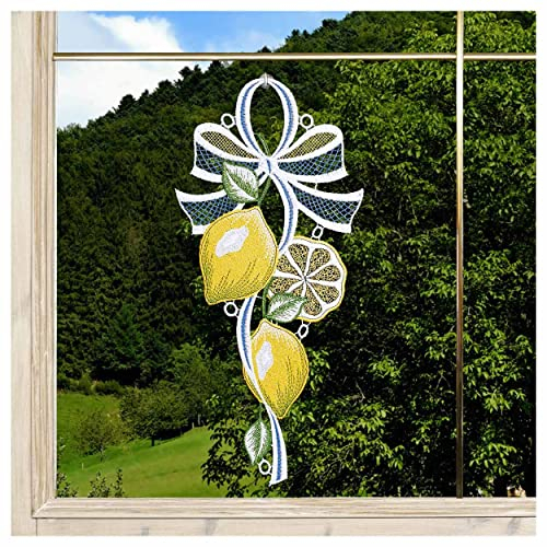 DSD Design-Studio Drechsler Fensterbild Zitrone aus Echter Plauener Spitze Fensterdeko mit sommerlichem Küchen-Motiv 32 x 15 cm