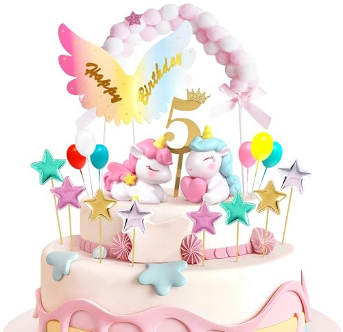 Einhorn Tortendeko 5 Jahre, Einhorn Kuchendeko 5. Geburtstag Mädchen, Torte Kuchen Deko Cake Topper, Geburtstagsdeko für Kinder Mädchen Junge
