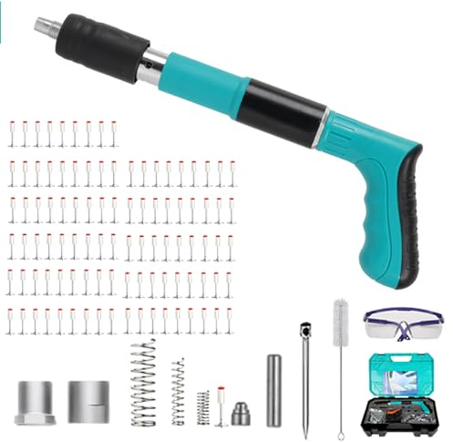 Pistola Chiodatrice per Cemento Professionale | 5 Regolazioni Pressione con Silenziatore, 100 Chiodi Tondi 7,3mm + Kit Montaggio per Soffitti (Portatile/Manuale)