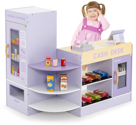 COSTWAY Kinder Kaufladen, Kaufmannsladen aus Holz mit Seitentheke, Supermarkt-Set mit Kasse, POS-Maschine, Verkaufsautomat & Kreidetafel, Einkaufsladen Verkaufsstand für Kinder von 3-8 Jahren (Lila)