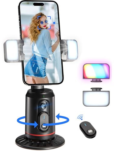 MQOUNY Auto Face Tracking Phone Holder, 360° Rotation Face Body Phone Tripod Smart Shooting Camera Mount with Rechargeable Remote and Light for Live Vlog Streaming Video, Rechargeable