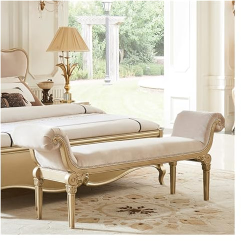 MIROOOO End of Bed Bench Solid Wood Bedroom End Bench, Upholstered Fabric Storage Ottoman, European Classical Fabric Bedside Stool Bedroom Bed Couch Bed Bench Foot Rest for Couch Ottoman