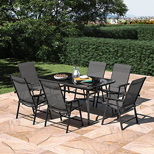 The Fellie Garden Furniture Set Outdoor Dining Table and Chairs 150cm Rectangle Patio Tempered Glass Table Top with Umbrella Hole Foldable Chairs 6 Seats(150cm Rectangle Table+6PC Chair)