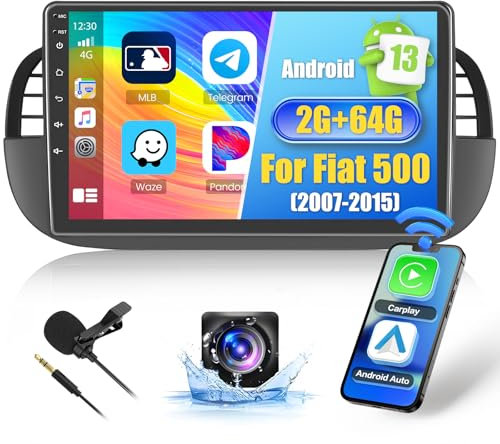 2+64GB Android Autoradio Wireless Carplay für FIAT 500 2007-2015, Hikity 9 Zoll Touch Screen Autoradio mit Navi GPS, Android Auto, WiFi, Bluetooth, FM RDS, Rückfahrkamera