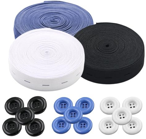 Gummiband Nähen,Yiyifor 3 Rollen 5M Hosengummi,Flaches Nähband Gummiband mit 20 Knöpfe,Elastisches Gummiband für Hosenrock Stirnband,für Kleidung Perücke Gürtel