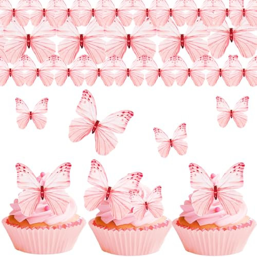 ALEGRE Essbare Schmetterlinge für Torte,50 Stück Schmetterling Tortendeko Essbar,Rosa Schmetterlinge Esspapier Tortendeko Mädchen Taufe,Kuchen Deko Schmetterlinge,Essbar Muffin Deko Geburtstag