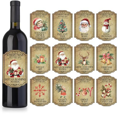 URROMA 48Pcs Merry Christmas Wine Bottle Labels 12 Designs Vintage Christmas Wine Bottle Stickers Drinks Wrappers for Party Favors Decor Supplies