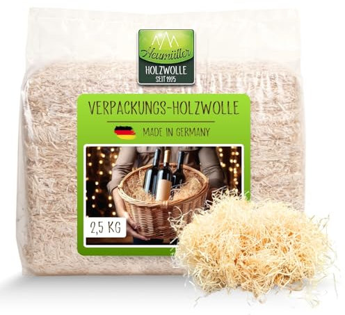 Heumüller Holzwolle Verpackungs- & Deko-Holzwolle 2,5 kg | Aus handverlesenem & unbehandeltes Fichtenholz | Hohe Ergiebigkeit & ansprechende Optik | Ideal für Deko & Geschenkverpackungen