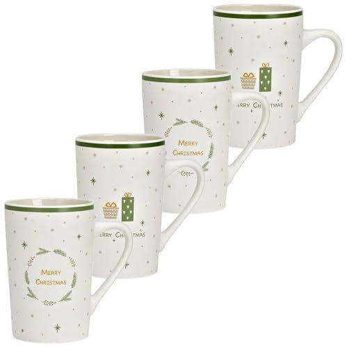 Weihnachtsbecher 4er Set Porzellan 385 ml Tassen mit festlichen Spruch - Süße Kaffeetassen Ø 8 x 12 cm Merry Christmas Glühweintasse für Winter, Weihnachten - Hochwertiges Porzellan, Spülmaschinenfest