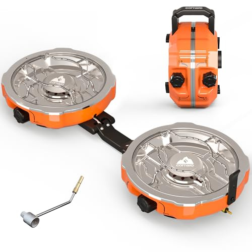 Cofiyard 20,000 BTUs 2 Burner Propane Camping Stove, Portable Folding Camp Stove with Adjustable Burners, Regulator and Carrying Bag, Dual Gas Stoves Easy Carrying Handle for Tailgating, Camping, BBQ