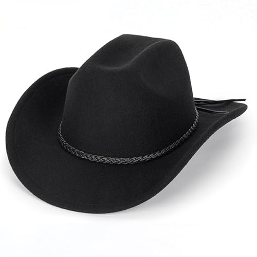Tefrine Classic Cowboy Hat for Men and Women Wide Brim Fedora with Strap Timeless Cowboy Accessories for Women Perfect Cowgirl Hat Costume Essential Black