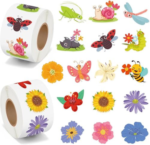 Blumenaufkleber, 1000pcs Aufkleber Blumen Frühjahr, Blumenaufkleber für Kinder, Schmetterling Sticker, Frühlings Sommer Blumenaufklebers, Sommer Aufkleber, Sticker Blumen, Insekten Stickers