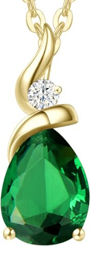 FANCIME Solide 14 Karat 585 Gelb Gold Anhänger Kette Halskette mit Tropfen Smaragd und echt Diamant Geschenk Schmuck für Damen Mädchen Sie