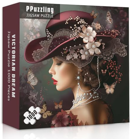 Elegant Victorian Lady Puzzle 1000 Pieces for Adults, Vintage Woman with Red Hat, Pearls, Flowers and Butterflies Jigsaw Puzzle, Challenging Retro Classic Aesthetic Art Puzzle