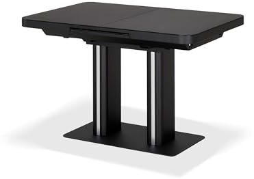 KHG Esstisch ausziehbar mit Glasplatte Schwarz, integrierter Mittelauszug 120-160 cm, Küchentisch bis 100 kg belastbar, gerade Tischkante mit abgerundeten Ecken, Edelstahl-Bodenplatte