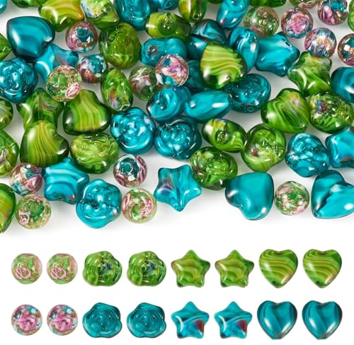 Spritewelry Millefiori Lot de 80 perles rondes en verre soufflé en forme de cœur, d'étoile, de rose, de fleurs pour fabrication de bijoux