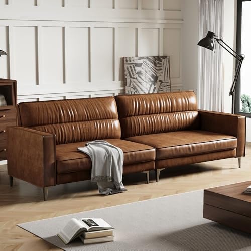 OLEYLUCKLIVE Vintage Ölwachleder Sofa 3-Sitzer, Retro Couch mit Metallfüßen, Leder Sofa, Braun – 220 cm – Loungesofa für Wohnzimmer, Pflegeleichtes Lederimitat, Antik-Stil, Stilvolle Wohnaccessoire